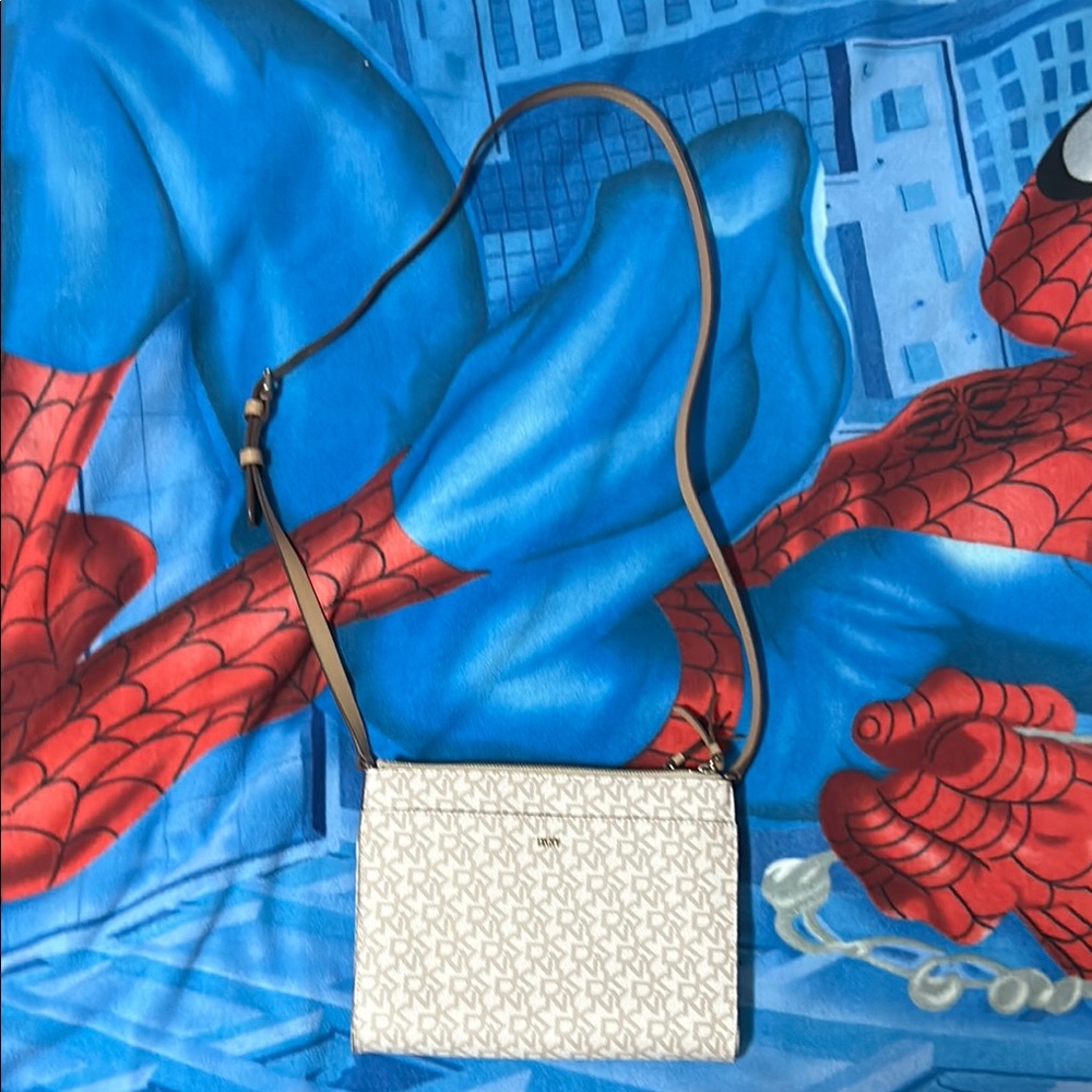 DKNY White and Tan Poly Crossbody Bag